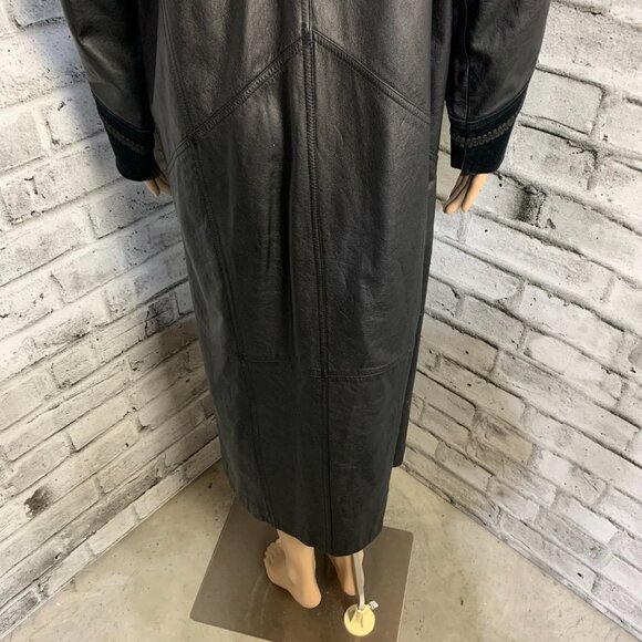 Vintage 80s 90s Leather Suede Trench Coat Long Medium Black Maxi Retro Overcoat - Picture 9 of 16